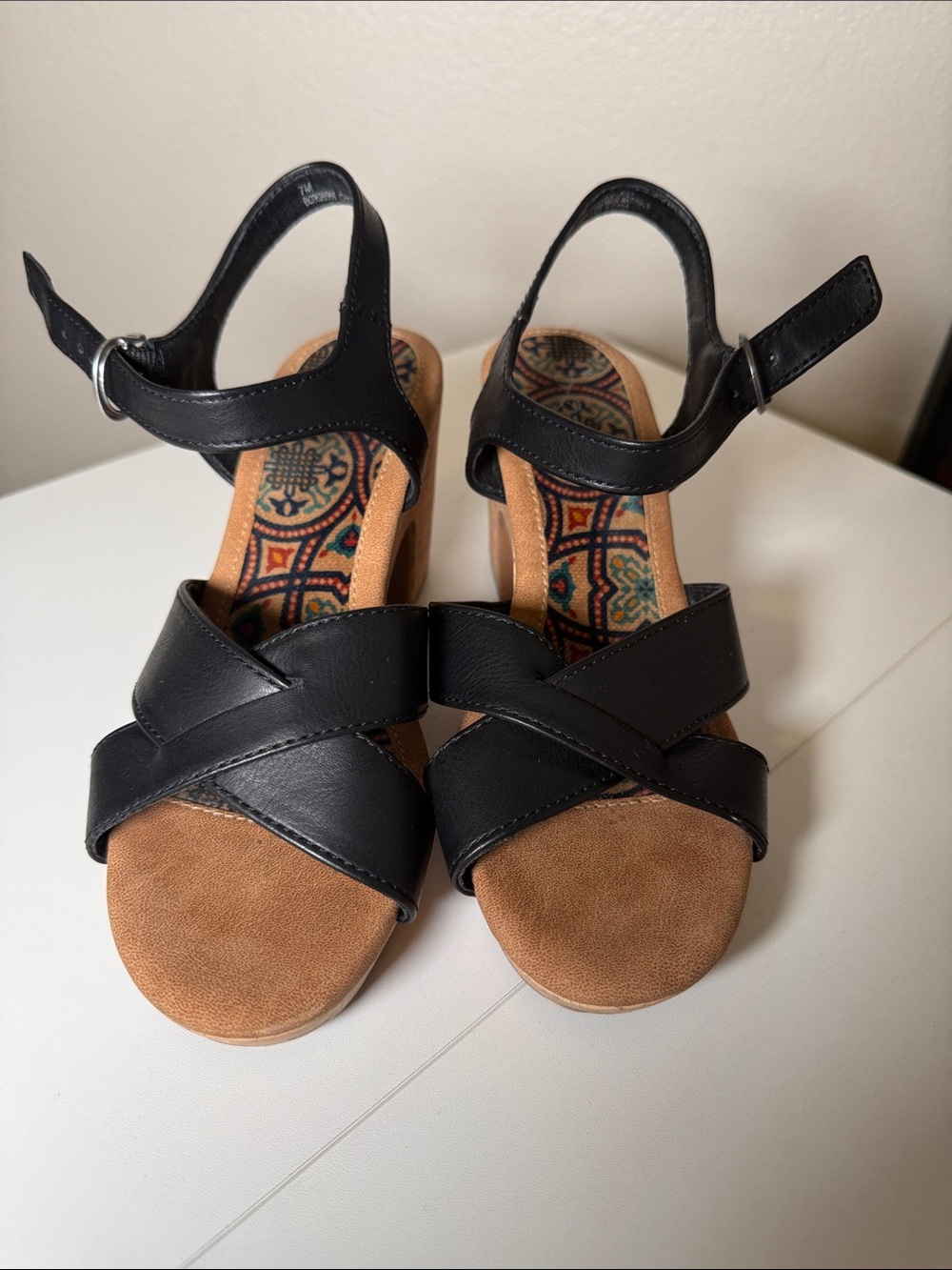 b.o.c. Black Crisscross Ankle Strap Sandals with Tan Footbed